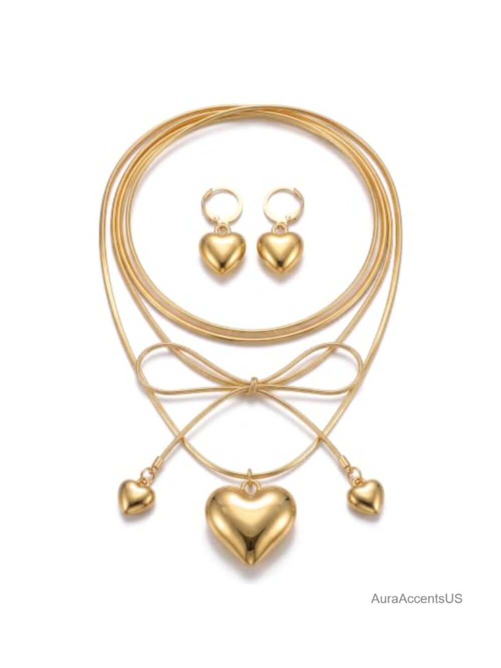 Chunky Heart Pendant Necklace & Earring Set Tie Wrap Adjustable